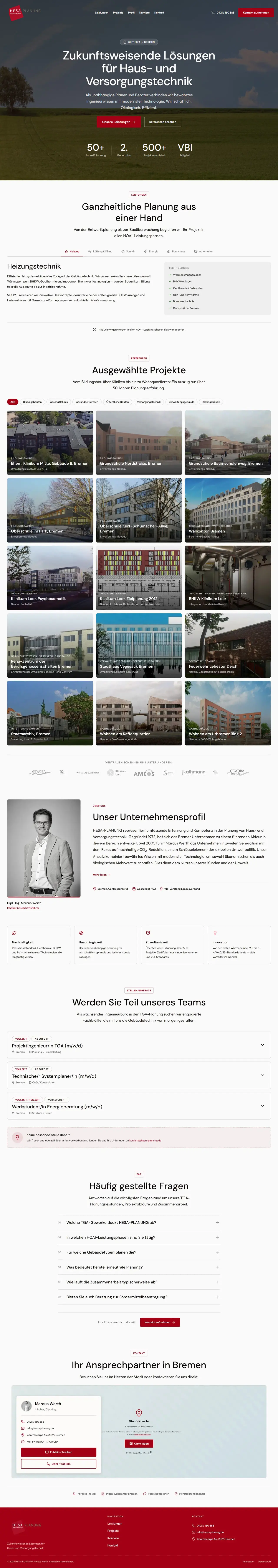 Die komplette Startseite von HESA-Planung als Onepager