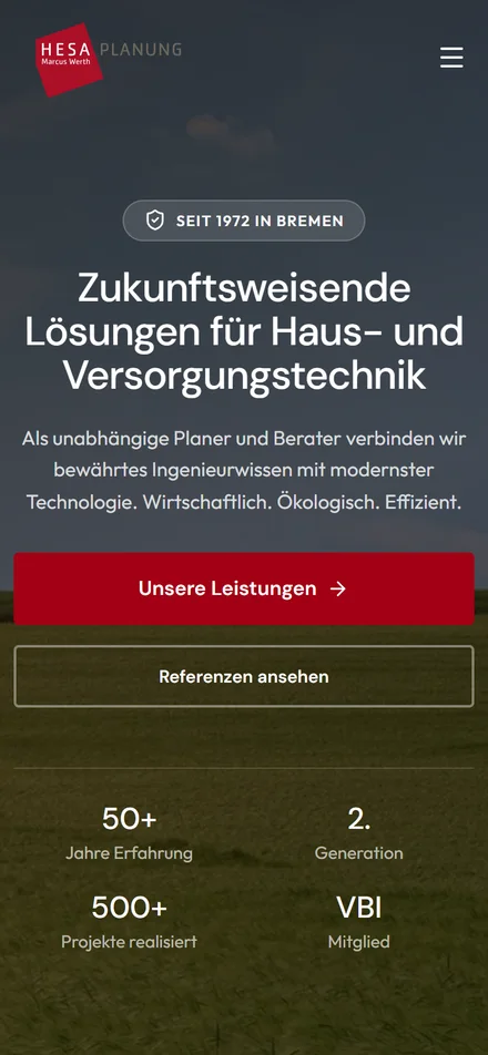 Die Startseite von HESA-Planung auf dem Smartphone