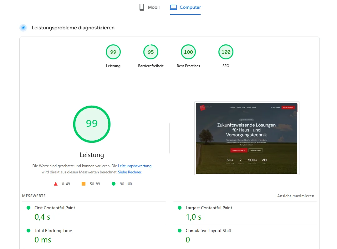 PageSpeed Insights Bericht für HESA-Planung — vier Score-Ringe