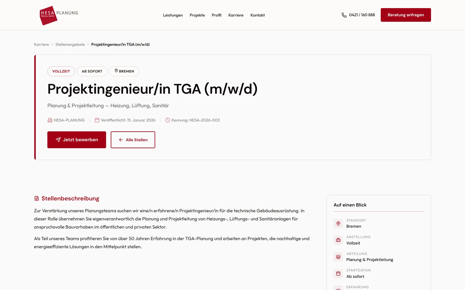 Eigene Job-Single-Page für eine offene Stelle bei HESA-Planung